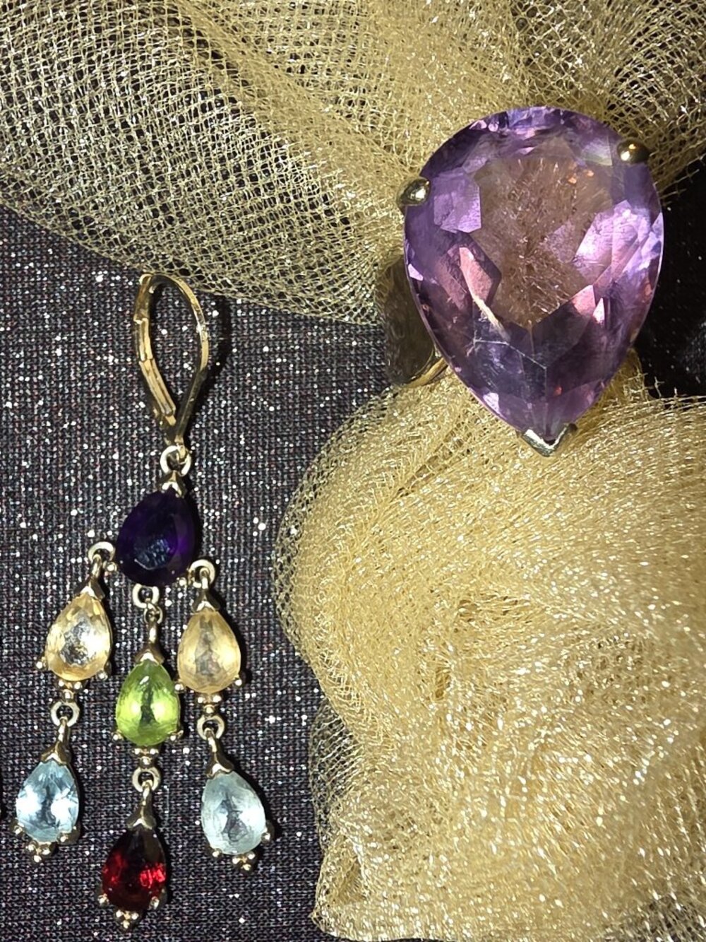 10K Gold 39.80 ct. Natural Amethyst Ring + Multi-Gemstones Earrings 43.29 ct.